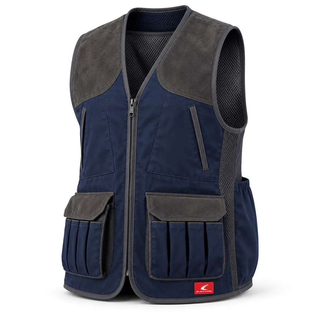 Navy & Graphite Clay Vest, front view with graphite shoulder yokes and shell pockets – clay shooting vest supplier
