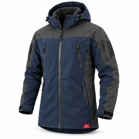 Navy & Graphite Hooded Softshell, front view with grey hood and sleeves – softshell jacket supplier