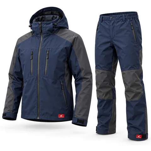 Navy & Graphite Hunting Suit, front view of hooded navy jacket and trousers from a hunting jacket supplier