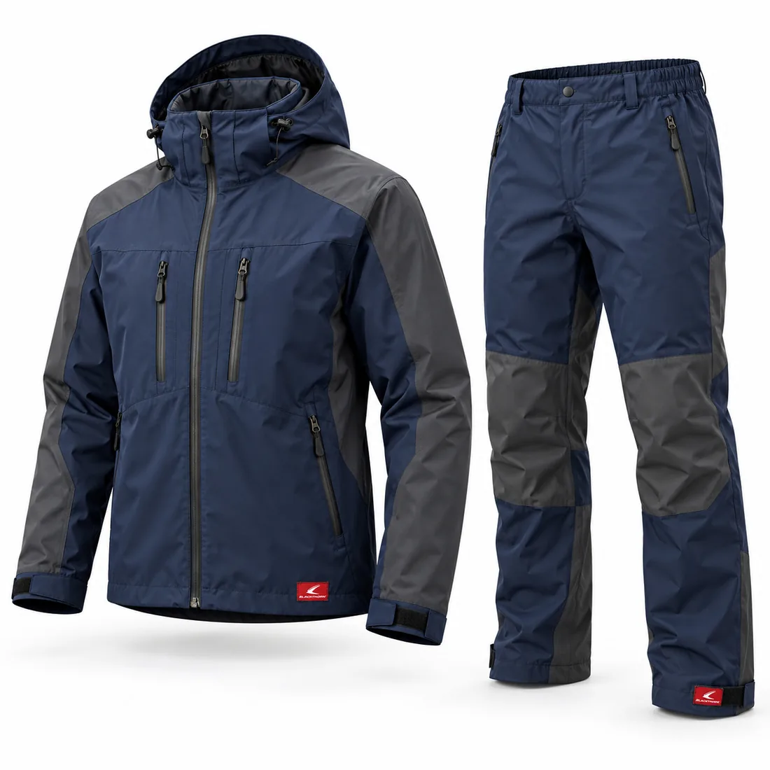 Navy & Graphite Hunting Suit, front view of hooded navy jacket and trousers from a hunting jacket supplier
