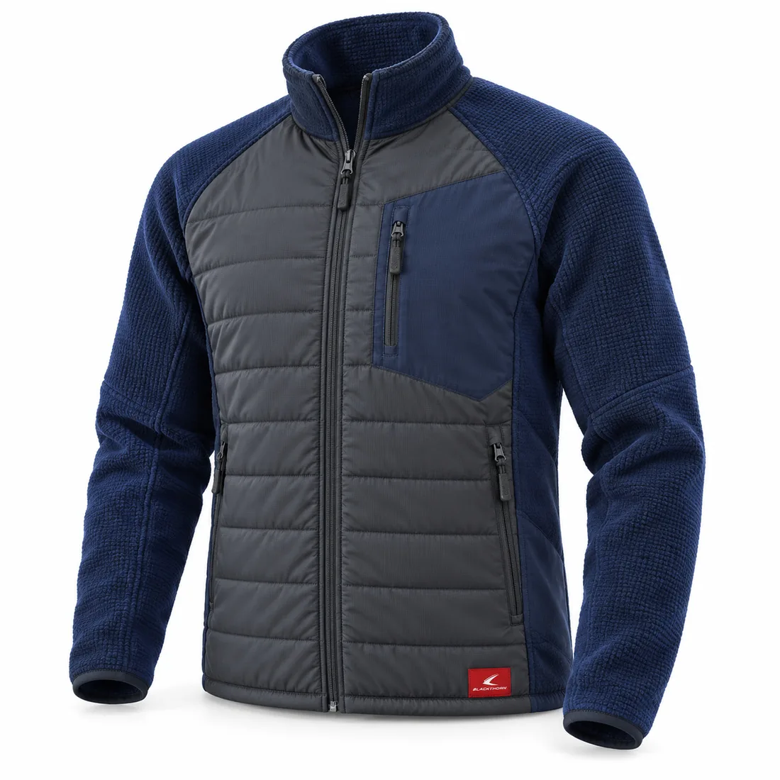 Navy & Graphite Quilted Fleece Jacket, front view, quilted fleece hybrid jacket supplier for uniforms