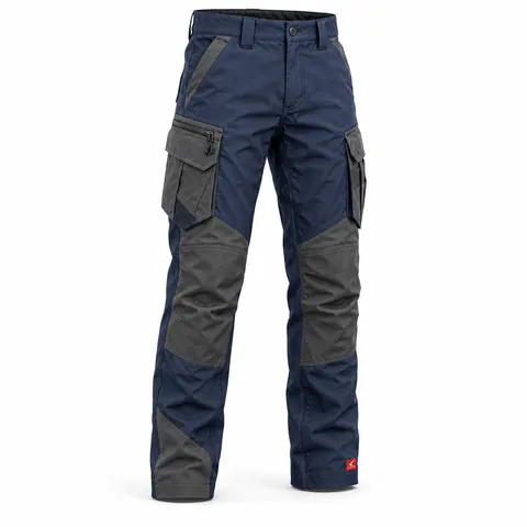 Navy & Graphite Utility Trousers, front view with grey cargo pockets – utility cargo trousers supplier