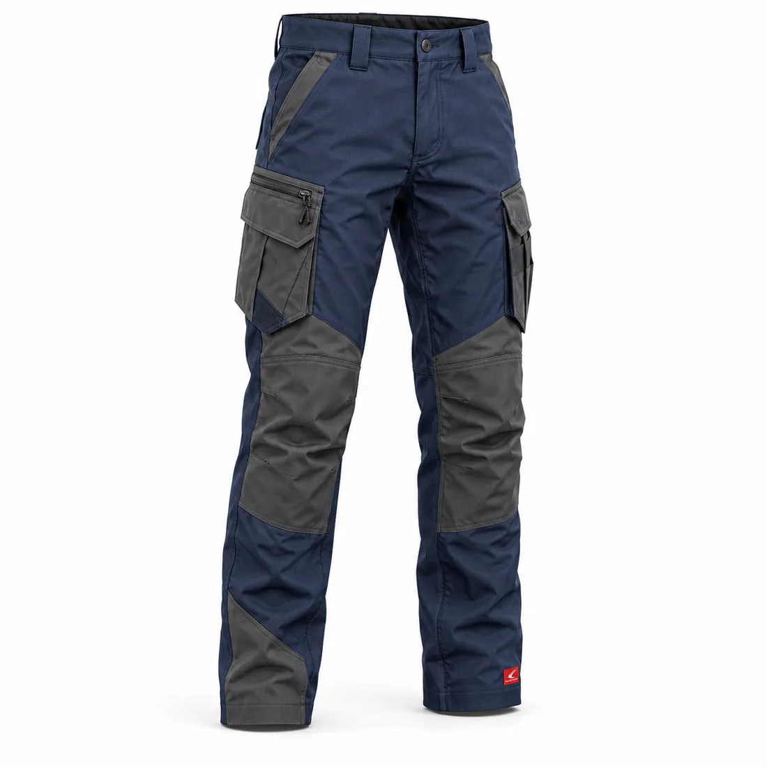Navy & Graphite Utility Trousers, front view with grey cargo pockets – utility cargo trousers supplier