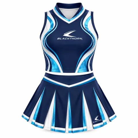 Ocean Contour Cheer Uniform front view, navy and sky-blue wholesale cheer uniform with pleated skirt