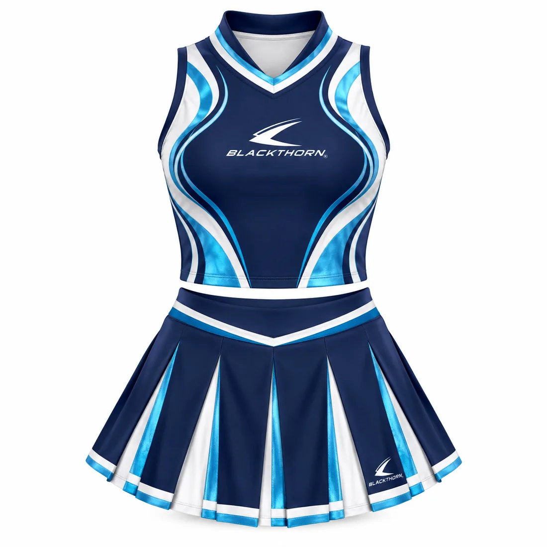 Ocean Contour Cheer Uniform front view, navy and sky-blue wholesale cheer uniform with pleated skirt