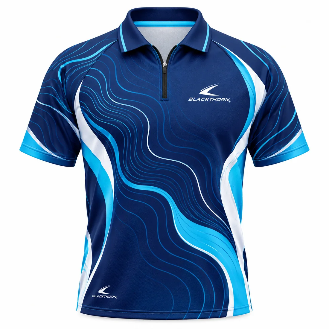 Ocean Contour Darts Polo front view, navy with sky-blue contour waves, wholesale darts polo shirts