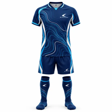Ocean Contour Football Kit front view with navy contour-print jersey, shorts and socks, wholesale football kit