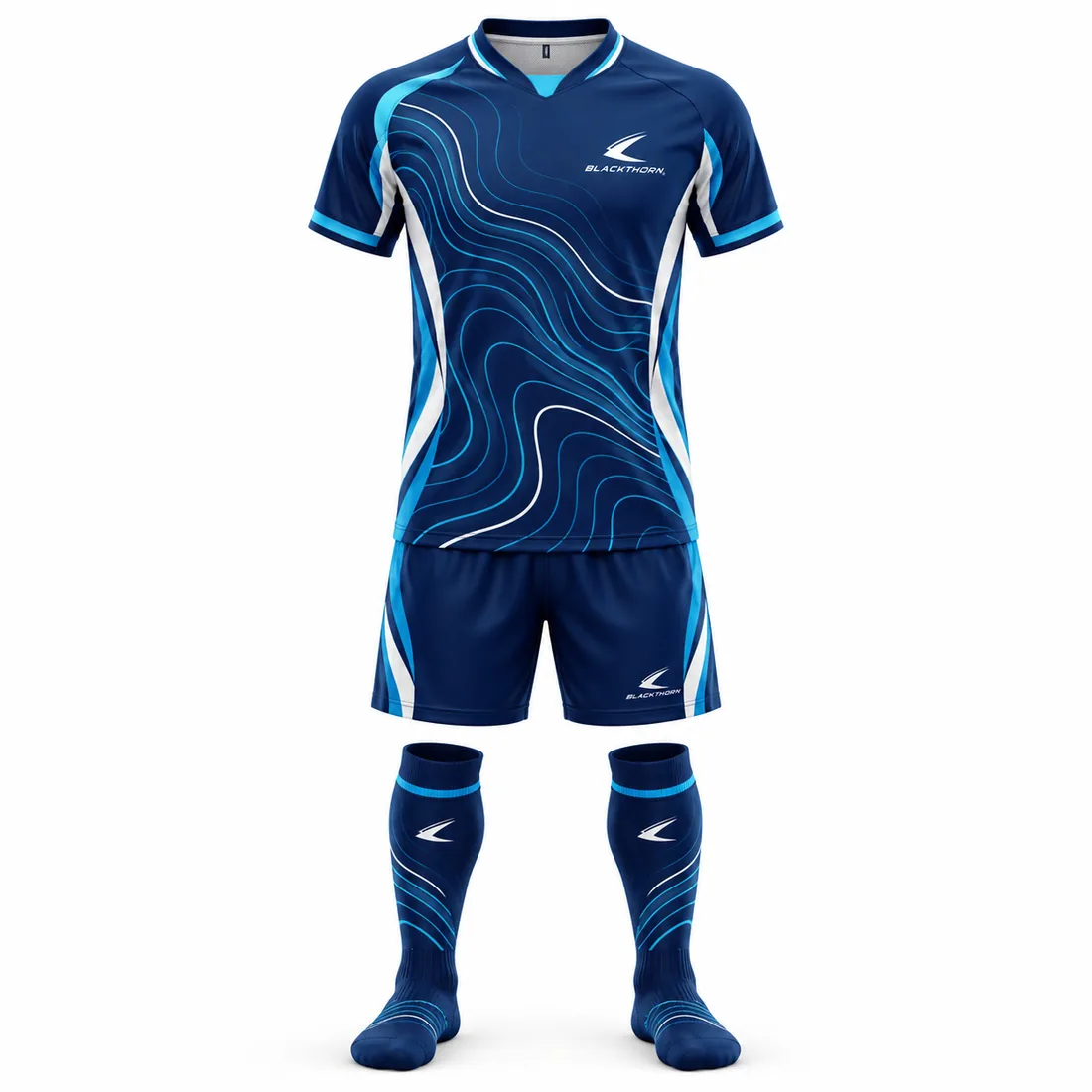 Ocean Contour Football Kit front view with navy contour-print jersey, shorts and socks, wholesale football kit