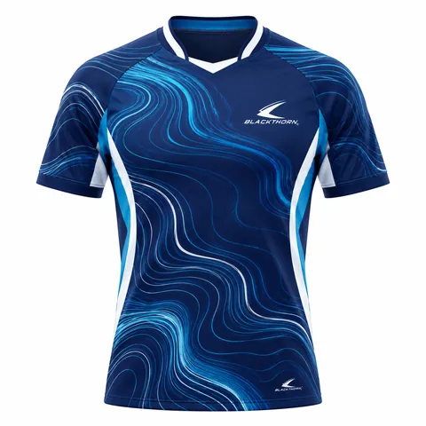 Ocean Contour Football Shirt front view, navy V-neck with sky-blue wave lines, custom football shirt manufacturer