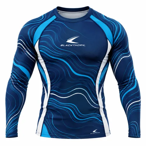 Ocean Contour No-Gi Rash Guard front view, navy long sleeve wholesale rash guard with sky-blue wave lines
