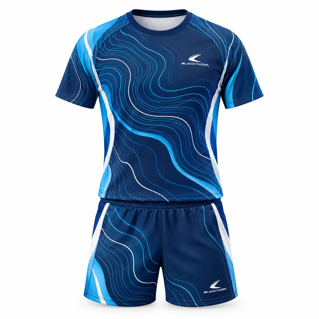 Ocean Contour Pickleball Uniform front view, navy tee and shorts with contour lines, wholesale pickleball uniforms