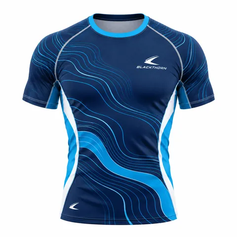 Ocean Contour rowing top front view, navy with sky-blue contour lines and side panels, wholesale rowing tops