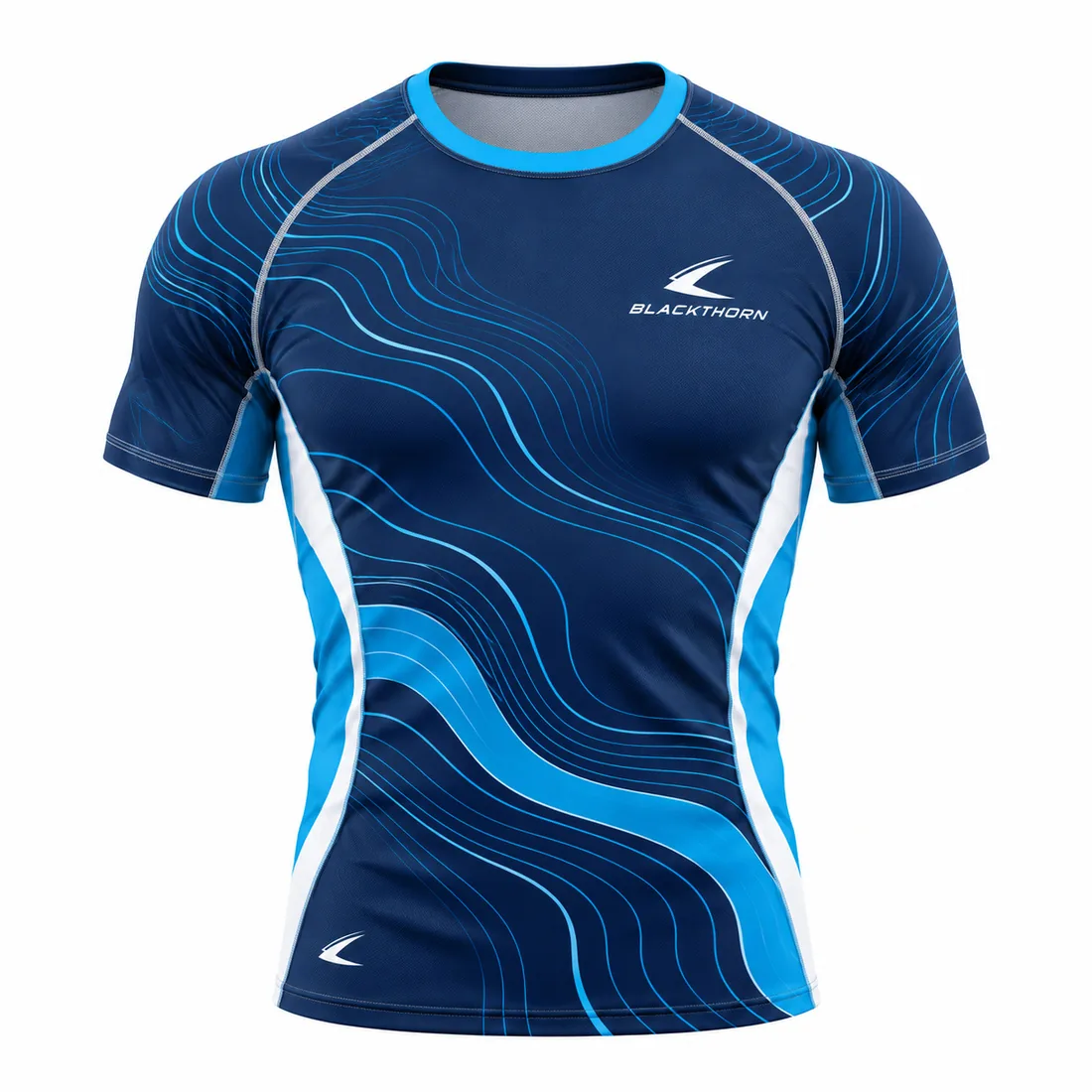 Ocean Contour rowing top front view, navy with sky-blue contour lines and side panels, wholesale rowing tops