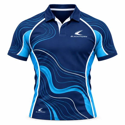 Ocean Contour Rugby Jersey front view, navy with sky-blue contour waves and white piping - wholesale jersey