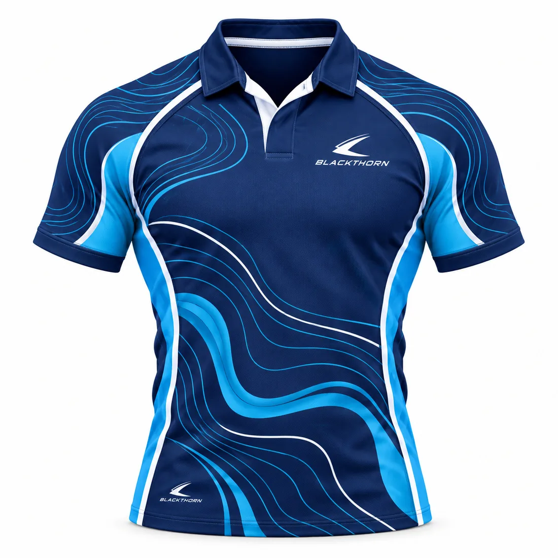 Ocean Contour Rugby Jersey front view, navy with sky-blue contour waves and white piping - wholesale jersey