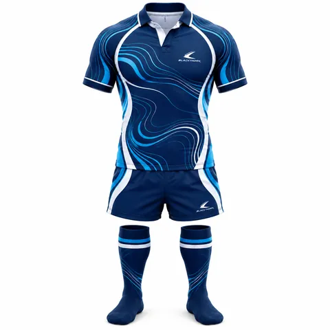 Ocean Contour Rugby Kit front view, navy jersey with sky-blue contour lines, shorts and hooped socks