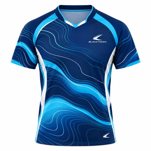 Ocean Contour table tennis jersey front view, navy with sky-blue contour lines, wholesale table tennis jersey