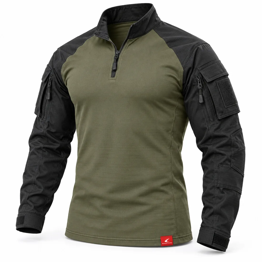 Olive & Black Combat Shirt, front view, 1/4-zip tactical combat shirt manufacturer with sleeve pockets
