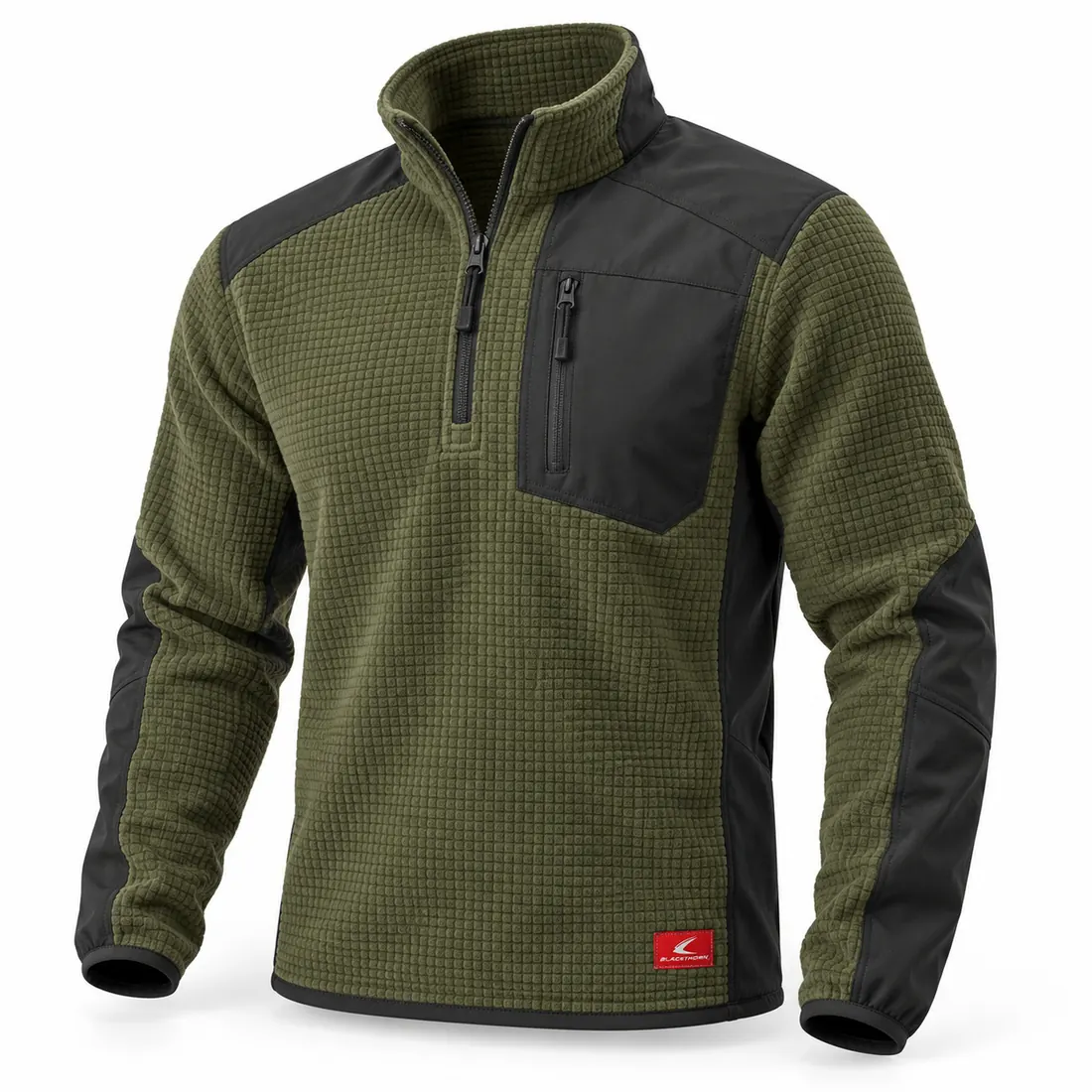 Olive & Black Grid Fleece Half-Zip, front view, custom tactical fleece pullover manufacturer