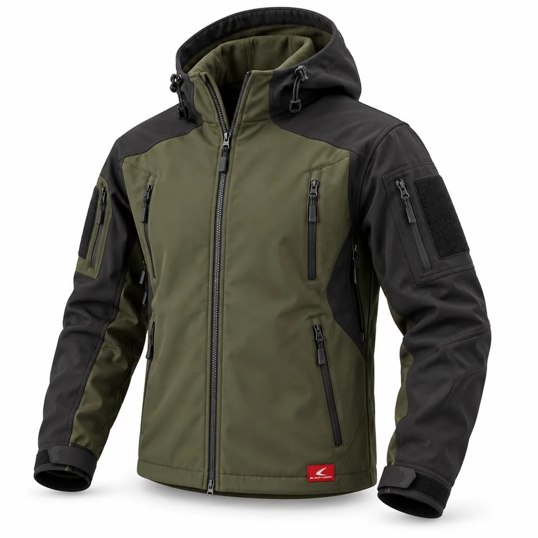Olive & Black Hooded Softshell, front view with black sleeves – tactical softshell jacket manufacturer