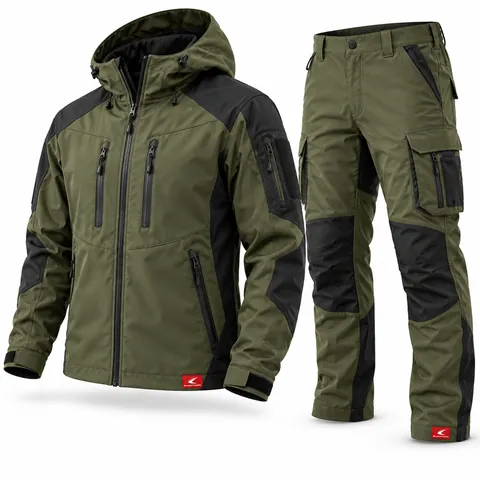 Olive & Black Hunting Suit, front view of hooded jacket and trousers from a hunting suit manufacturer
