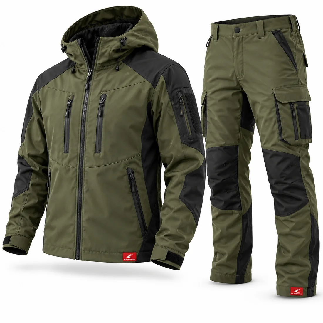 Olive & Black Hunting Suit, front view of hooded jacket and trousers from a hunting suit manufacturer