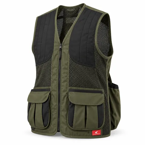 Olive & Black Shooting Vest, front view with quilted shoulder pads and shell pockets – shooting vest manufacturer