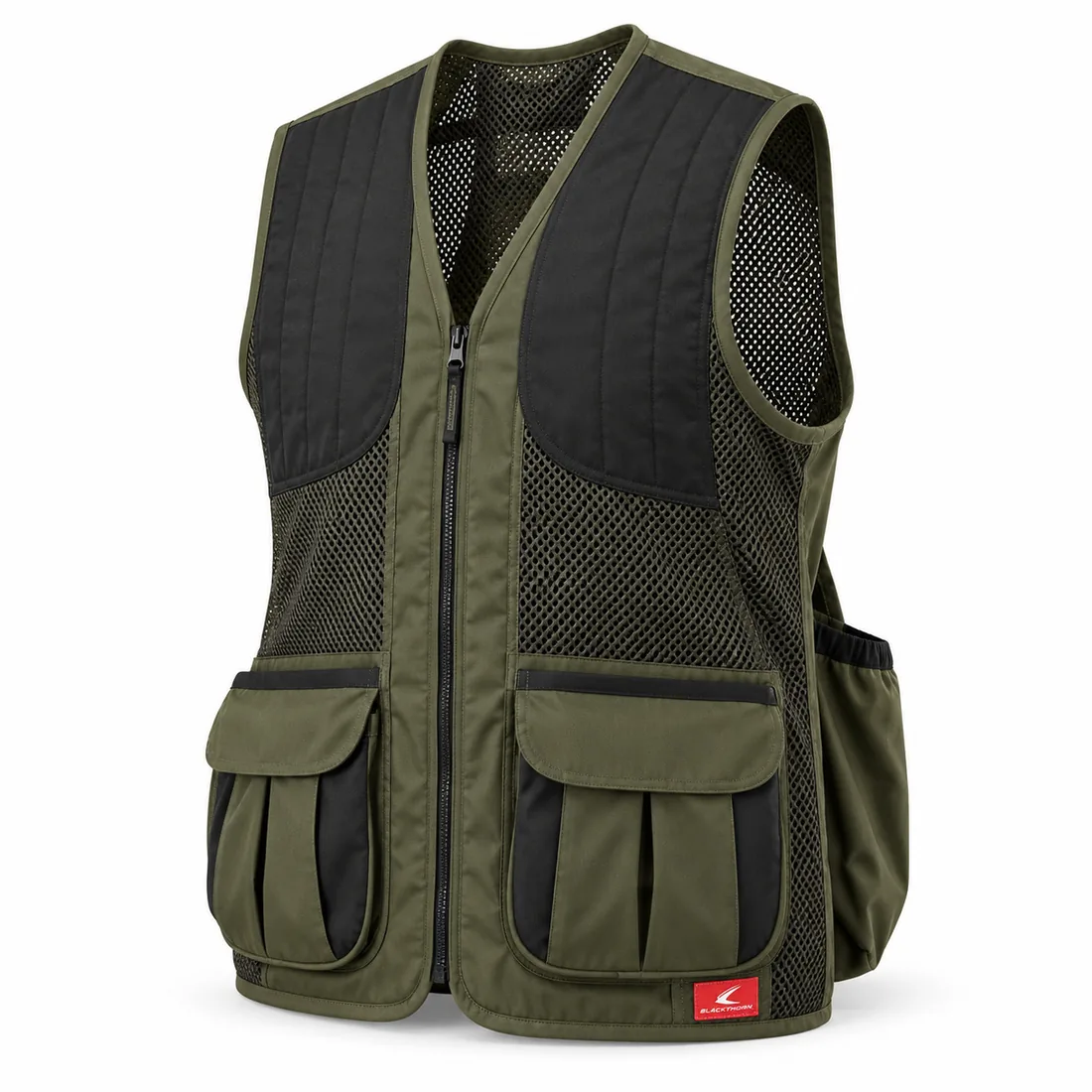 Olive & Black Shooting Vest, front view with quilted shoulder pads and shell pockets – shooting vest manufacturer
