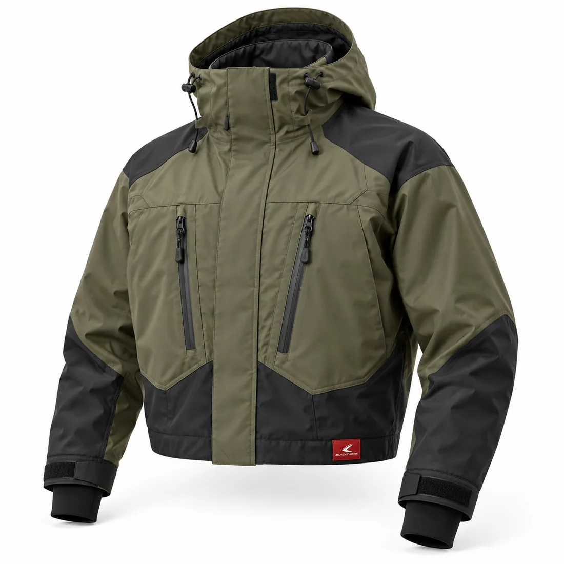 Olive & Black Waterfowl Jacket, front view, insulated waterproof waterfowl jacket manufacturer