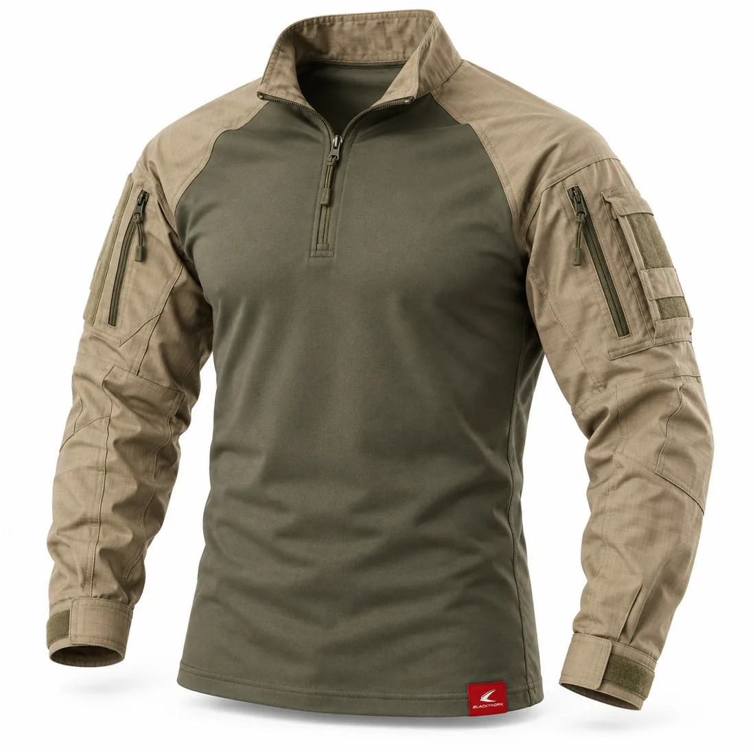 Ranger Green & Sand Combat Shirt, front view, 1/4-zip combat shirt from our factory with sand sleeves