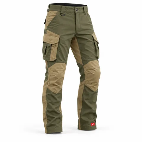 Ranger Green & Sand Field Trousers, front view with sand knee panels – custom field trousers manufacturer