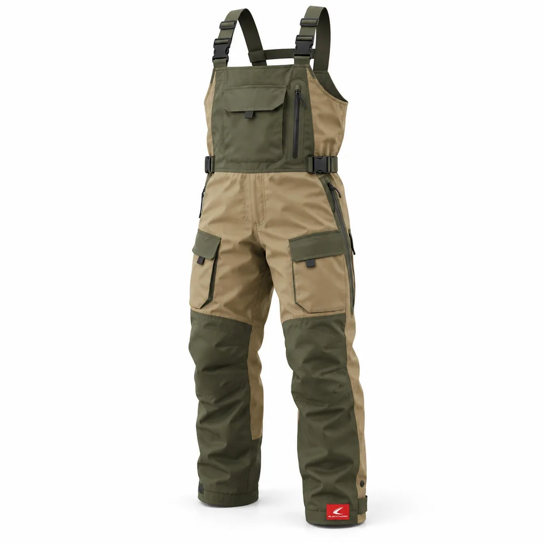 Ranger Green & Sand Hunting Bibs, front view, insulated hunting bib overalls from our factory