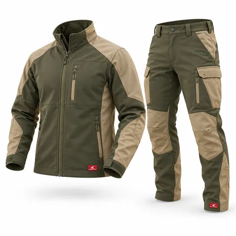 Ranger Green & Sand Hunting Suit, front view of stand-collar jacket and trousers from a hunting suit factory