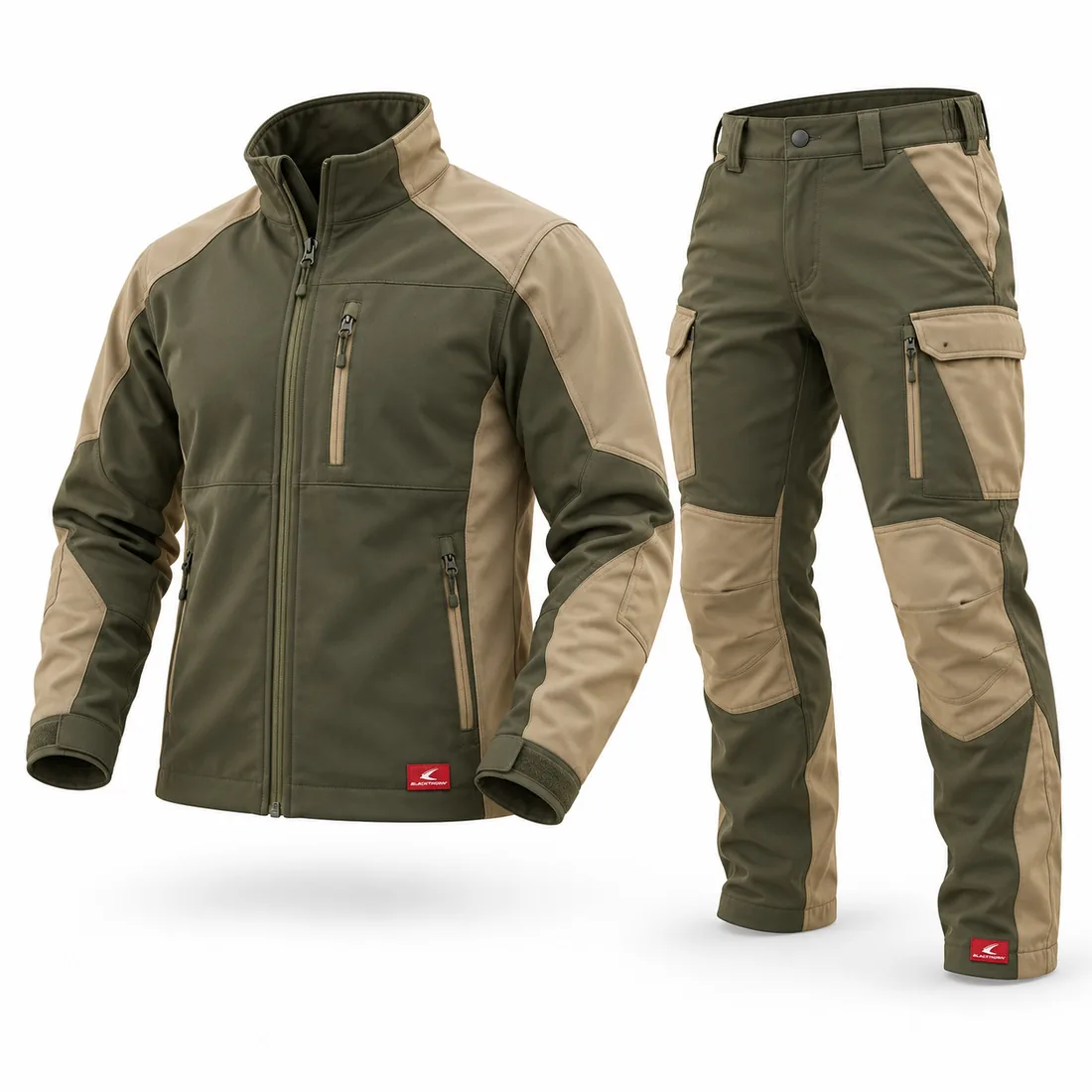 Ranger Green & Sand Hunting Suit, front view of stand-collar jacket and trousers from a hunting suit factory
