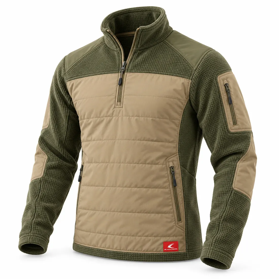 Ranger Green & Sand Quilted Half-Zip, front view, quilted half-zip hunting pullover from our factory