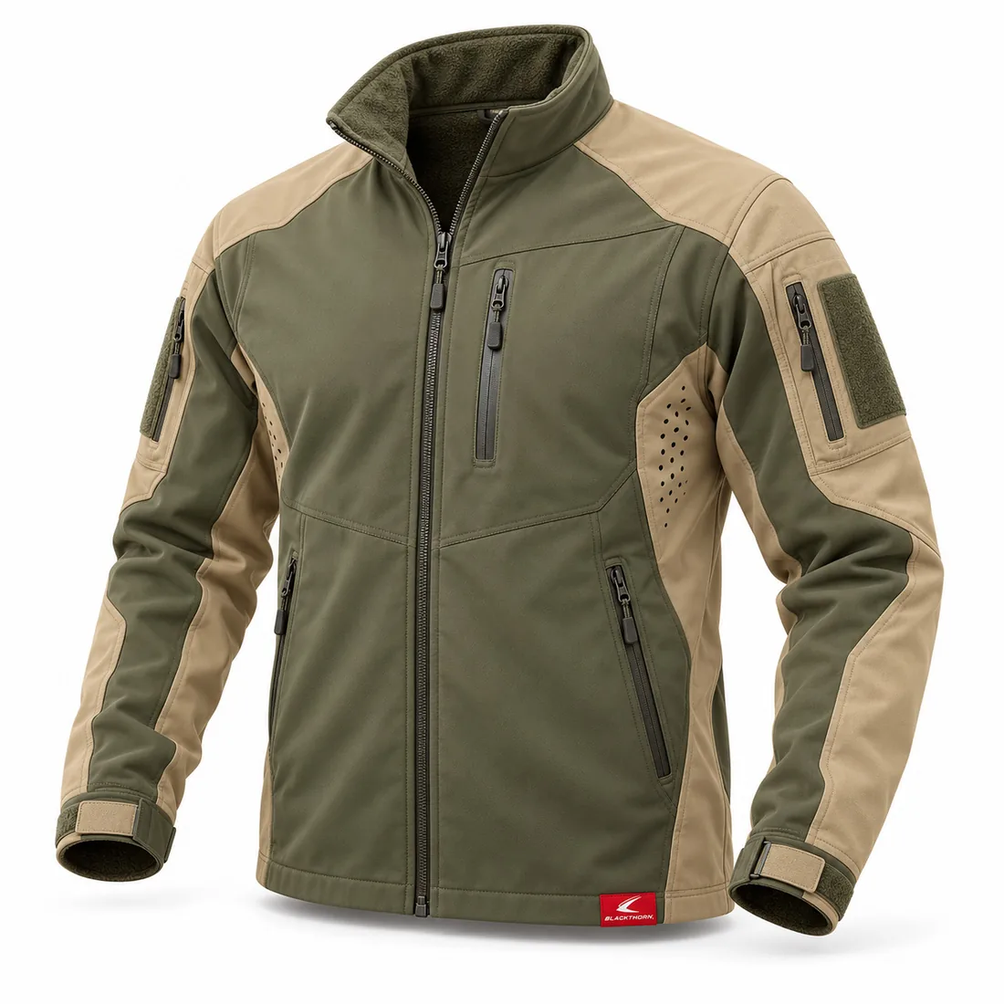 Ranger Green & Sand Softshell, front view with sand panels and stand collar – custom softshell jacket