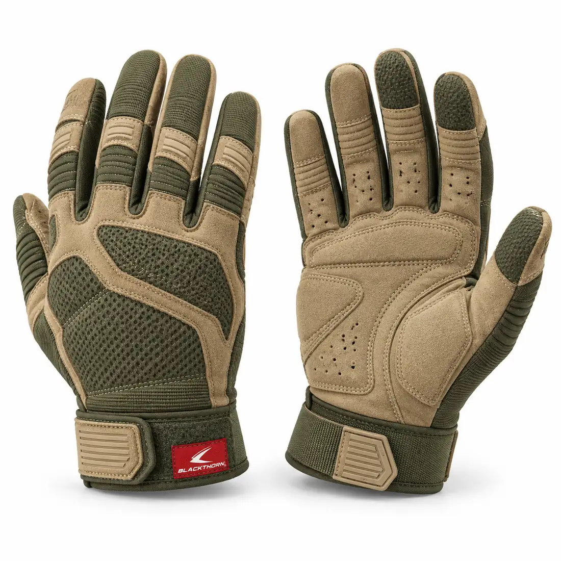 Ranger Green & Sand Tactical Gloves, back and palm view with green mesh knuckles – custom tactical gloves