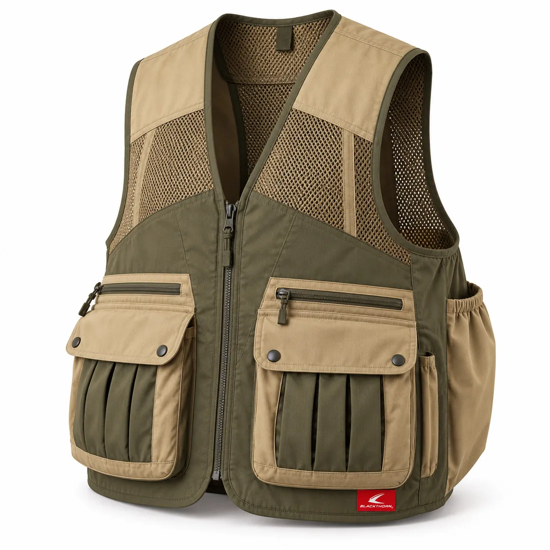 Ranger Green & Sand Upland Vest, front view with sand yokes and zip-top shell pockets – upland vest factory