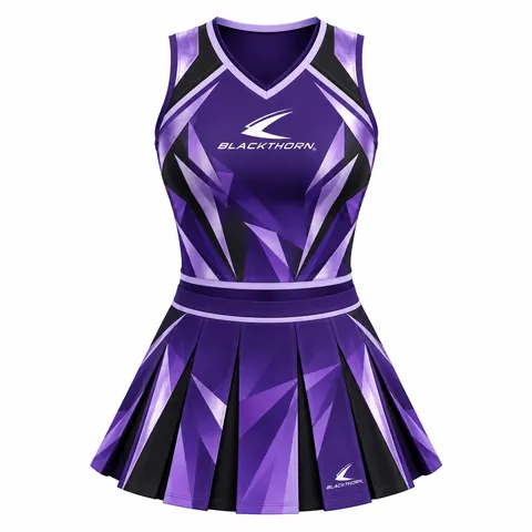 Violet Fracture All-Star Cheer Uniform front view, purple and black all-star cheer uniform with shard print
