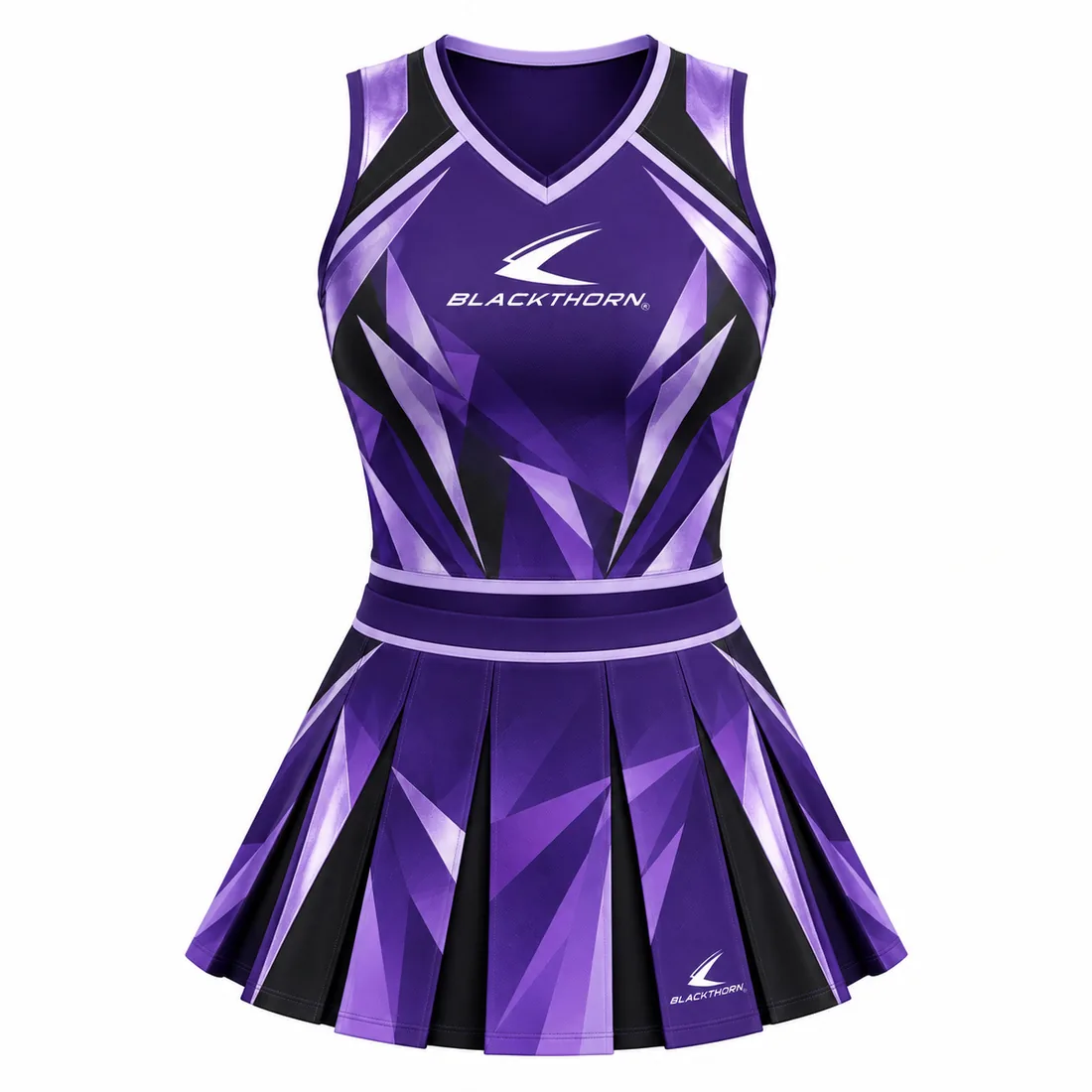 Violet Fracture All-Star Cheer Uniform front view, purple and black all-star cheer uniform with shard print