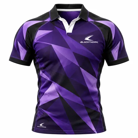 Violet Fracture Rugby Jersey front view, purple and black faceted shards with black raglan sleeves - OEM