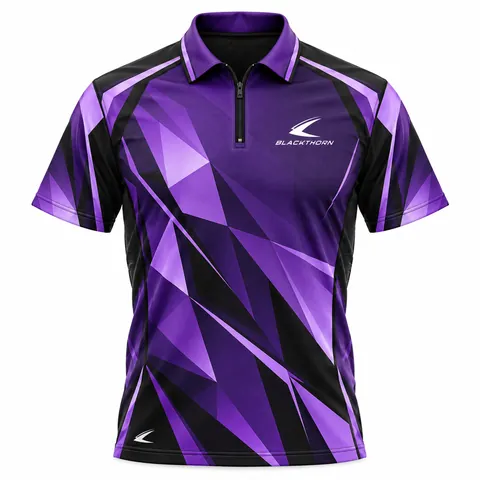 Violet Fracture Darts Jersey front view, purple and black geometric shards, OEM darts jersey supplier