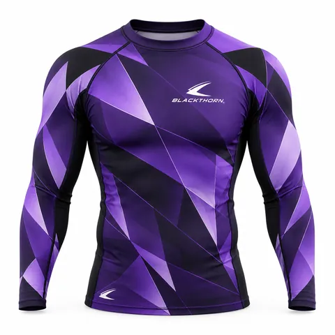 Violet Fracture Grappling Rash Guard front view, purple and black OEM grappling rash guard with shard print