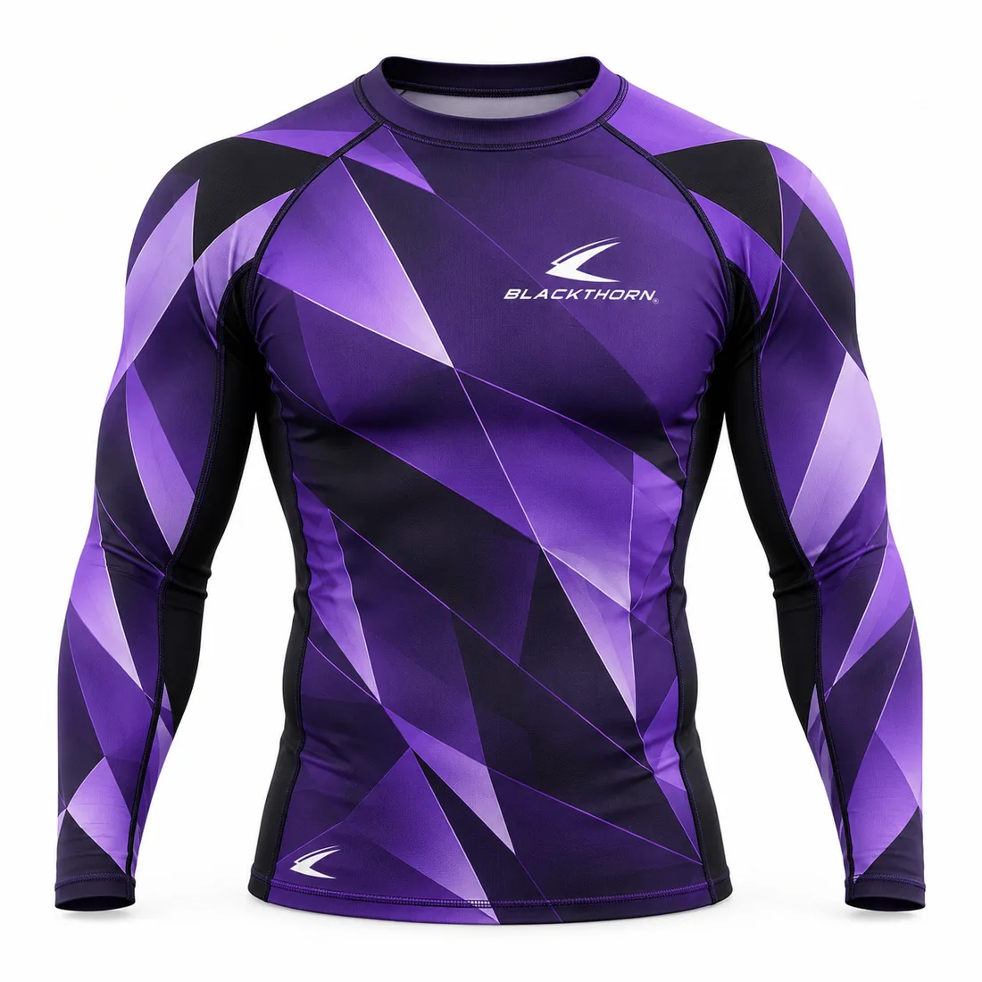 Violet Fracture Grappling Rash Guard front view, purple and black OEM grappling rash guard with shard print
