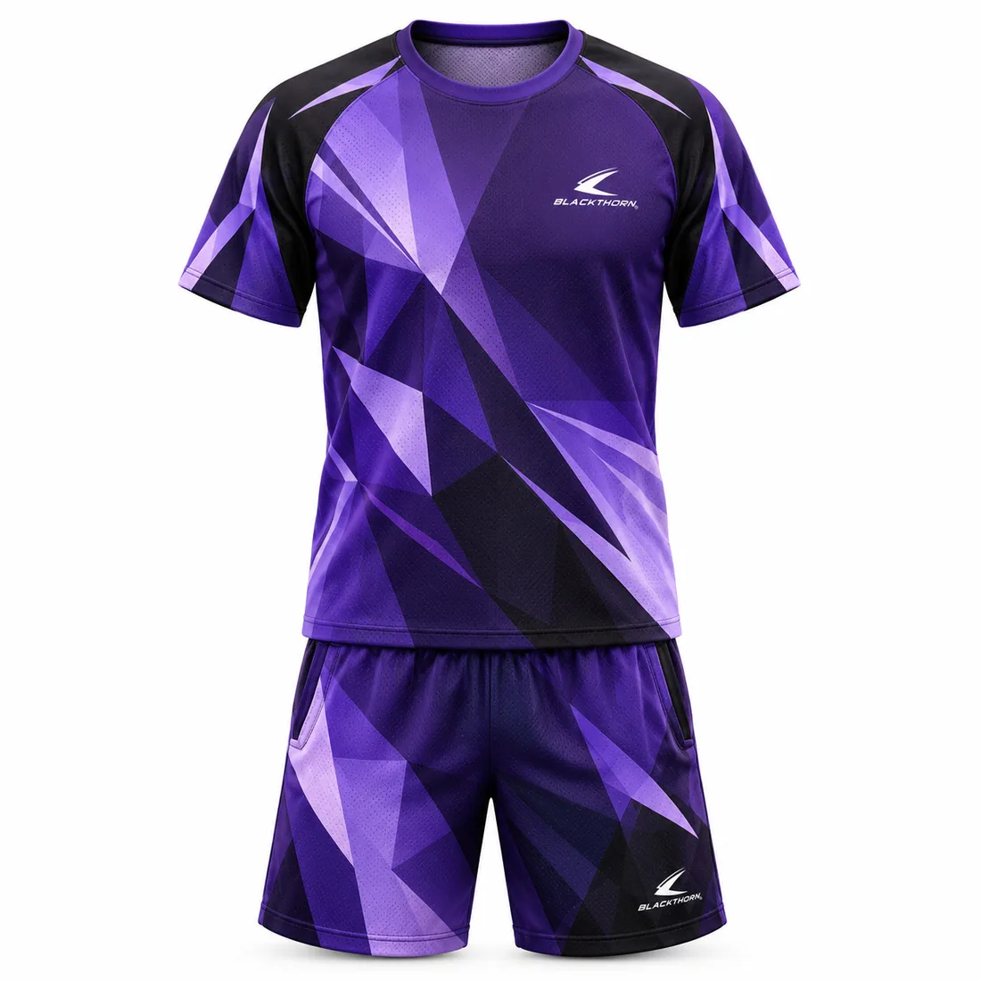 Violet Fracture Pickleball Set front view, purple and black shard tee and shorts, OEM pickleball apparel