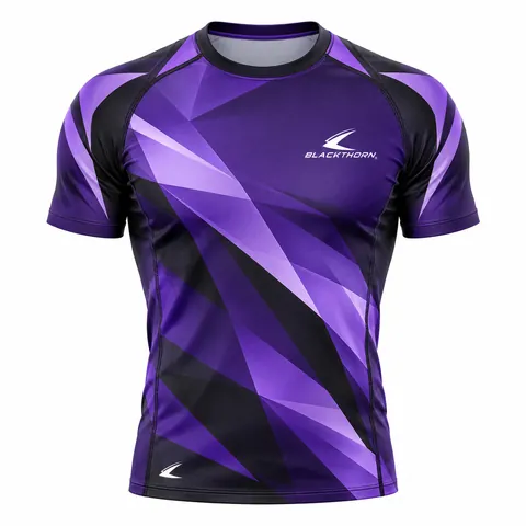 Violet Fracture rowing top front view, purple and lilac shards with black side panels, OEM rowing apparel