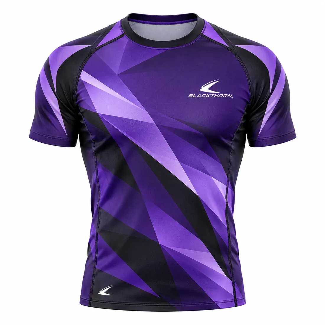 Violet Fracture rowing top front view, purple and lilac shards with black side panels, OEM rowing apparel