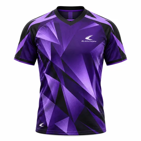 Violet Fracture Soccer Jersey front view, purple and black faceted shard V-neck, sublimated soccer jersey factory
