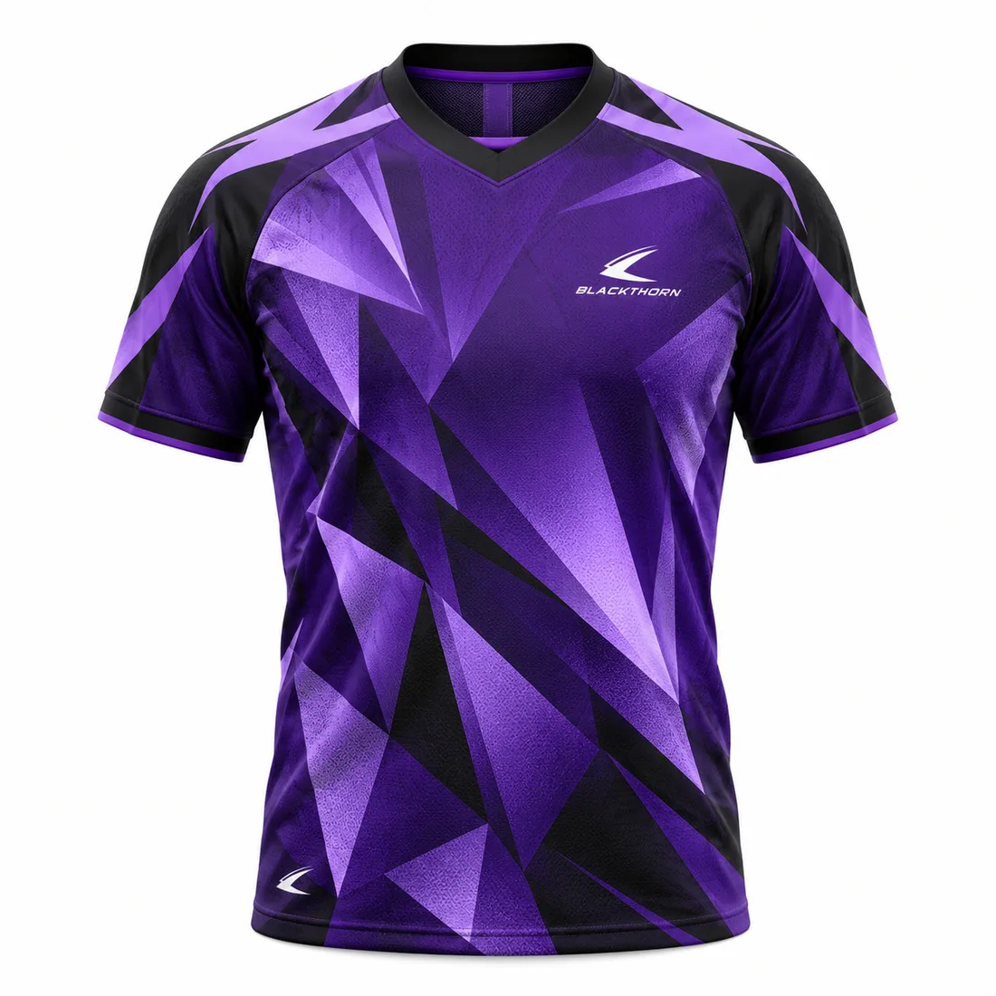Violet Fracture Soccer Jersey front view, purple and black faceted shard V-neck, sublimated soccer jersey factory