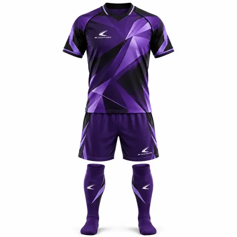 Violet Fracture Soccer Uniform front view, purple shard jersey, shorts and socks, sublimated soccer uniform